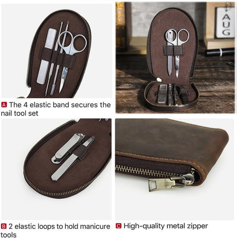 Set CONTACTS Full Grain Leather Empty Manicure Case Travel Nail Clipper Pouch for Men Personal Care Tools Pouch By