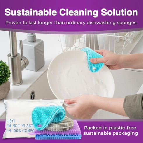 Silicone Sponges for Dishes - 4 Pack Dual-Sided Dish Scrubber & Sponge, Food Grade, BPA Free