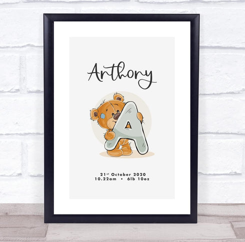 The Card Zoo New Baby Birth Details Christening Nursery Bear Initial A Keepsake Gift Print