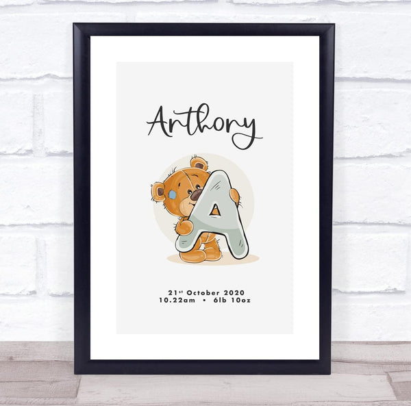 The Card Zoo New Baby Birth Details Christening Nursery Bear Initial A Keepsake Gift Print