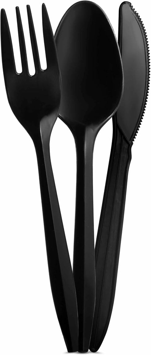 1000 Count Black Silverware Set, 334 Plastic Forks, 333 Spoons, 333 Knives, Medium Weight BPA Free Disposable Cutlery