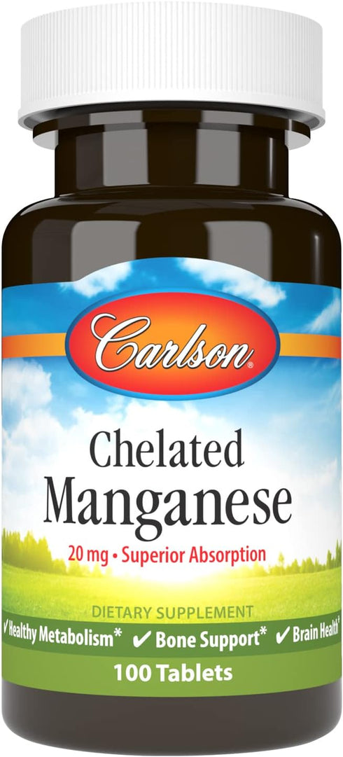 Chelated Manganese 20 mg, 100 Tablets by Carlson - Superior Absorption, Healthy Metabolism & Bone Support