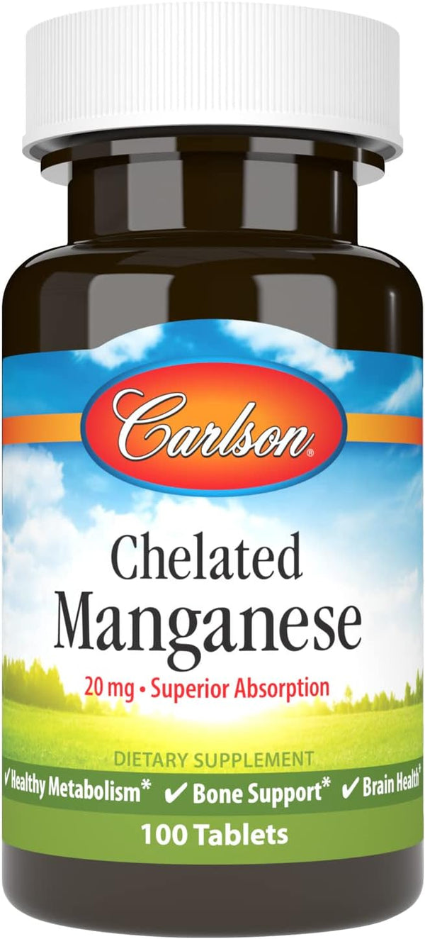 Chelated Manganese 20 mg, 100 Tablets by Carlson - Superior Absorption, Healthy Metabolism & Bone Support
