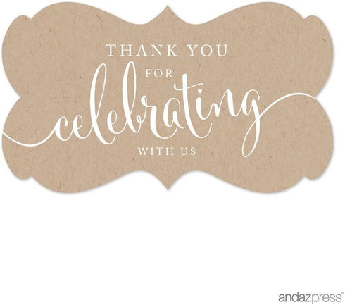 Andaz Press Fancy Frame Rectangular Label Stickers, Thank You for Celebrating with Us, Kraft Print, 36-Pack Wedding