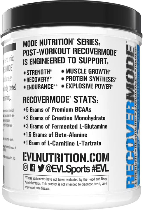 Evlution Nutrition Recover Mode, Complete Post Workout with BCAAs, 30 Serve, Blue Raz