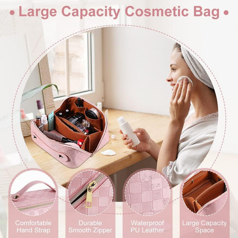 Large Capacity Travel Cosmetic Bag, Plaid Checkered Makeup Bag, Portable Waterproof Skincare Bag