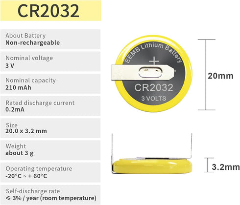EEMB 10PACK Tabbed CR2032 Lithium Battery with Solder Tabs 3V Lithium Battery 2032 Coin Cell Lithium Batteries for Sensor Radio Gameboy Color Game Replacement Battery