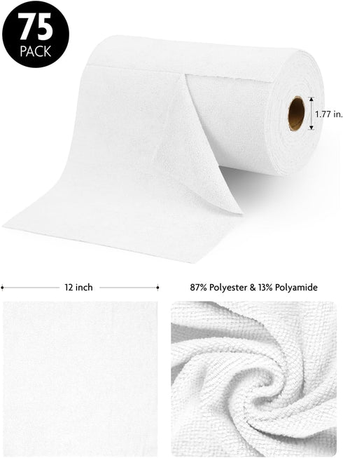 Microfiber Cleaning Cloth Roll - 75 Pack, 12" x 12", Reusable Washable Rags (White)