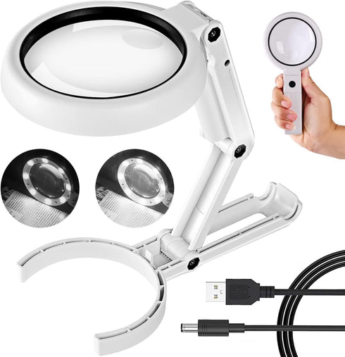 30X 10X Magnifying Glass with Light and Stand, Foldable Handheld for Seniors Reading and Close Work