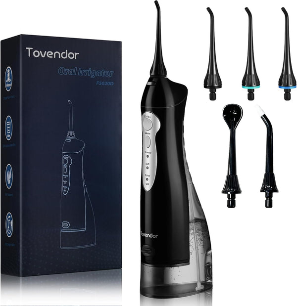 TOVENDOR Electric Water Flosser - Cordless Dental Oral Irrigator with 3 Modes, 5 Tips for Family Hygiene (300ML,