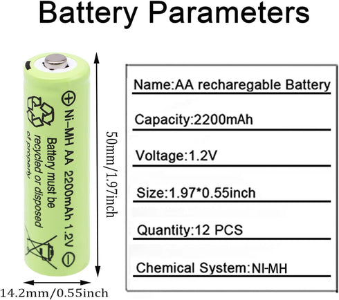AA Batteries 2200mAh high capacity precharged NI-MH AA Rechargeable Batteries, 1.2V Double A Long Lasting for Toys, Remote controls, Hand held games(12 Packs)