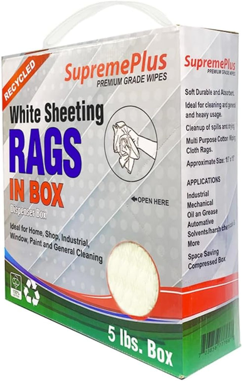 Recycled White Sheeting Rags – Bulk Cleaning Rag for House, Shop, Commercial, Window, Paint, & Automotive, 100% Cotton Blend Lint Free Wiping Cloth (5 lbs. Compressed Box) by SupremePlus