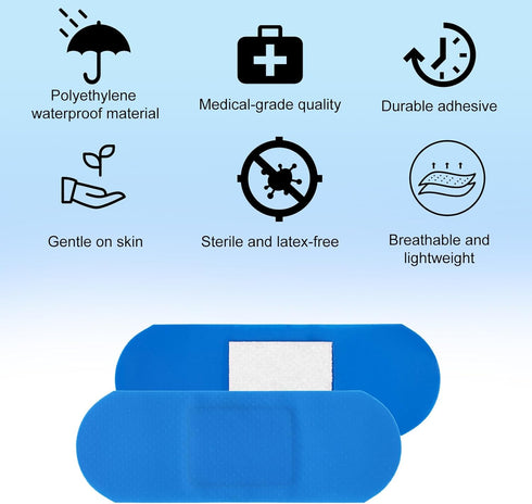 Sinbana 150pcs Blue Metal Detectable Waterproof Adhesive Bandages, High-Visibility & Latex-Free Food Service Bandages