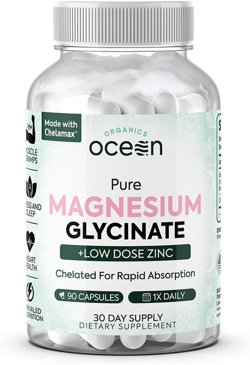 Pure Magnesium Glycinate with Zinc - Maximum Strength Chelated Magnesium Supplement for Muscle Cramps and Sleep Support
