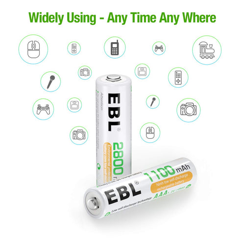 EBL AA Rechargeable Batteries 2800mAh (4 Pack) and AAA 1100mAh (4 Pack), 1.2V Ni-Mh Combo