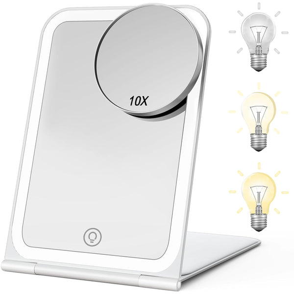 Lighted Travel Makeup Mirror, Portable 10X Magnification with 72 LED Lights, Rechargeable Cosmetic Mirror