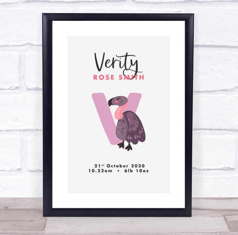 The Card Zoo New Baby Birth Details Christening Nursery Initial V Vulture Keepsake Gift Print