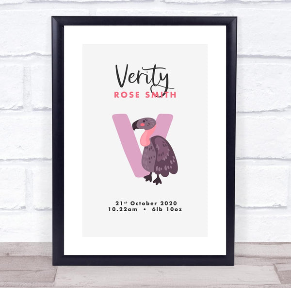 The Card Zoo New Baby Birth Details Christening Nursery Initial V Vulture Keepsake Gift Print