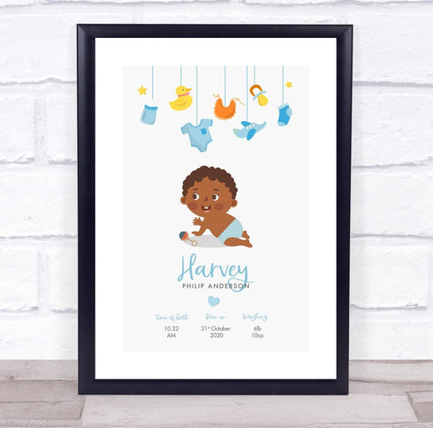 The Card Zoo New Baby Birth Details Christening Nursery Dark Skin Afro Boy Gift Print