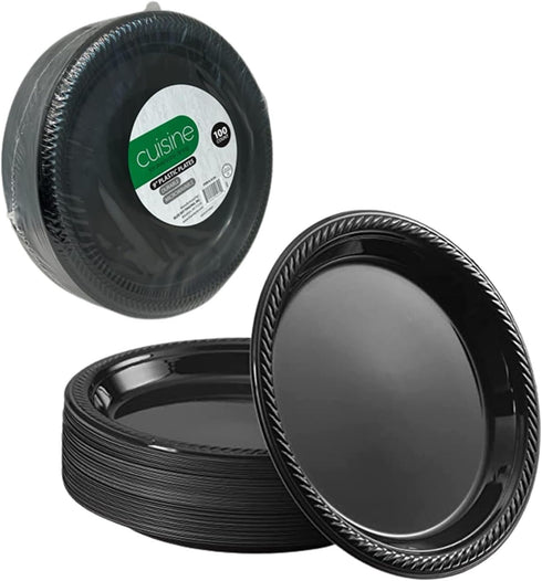 VeZee 9 Inches 300 Count Cuisine Disposable Black Plastic plates Good to use in Microwave, Best for home Parties