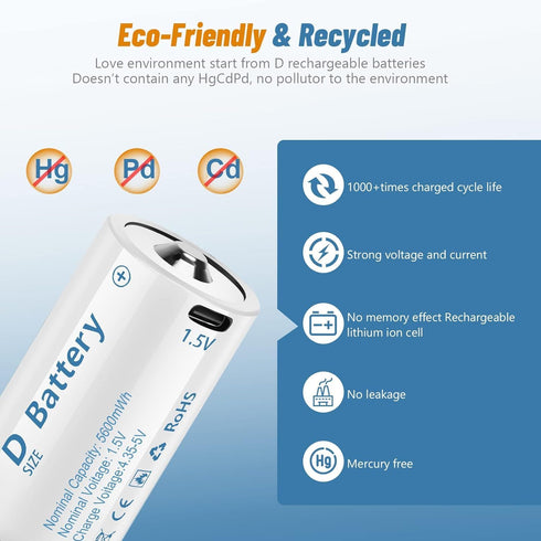 winbasic 4 1 Cable,1.5V 5600mWh (6 Pack) Rechargeable Lithium D Batteries with in USB-C Charging D Size Cell Battery
