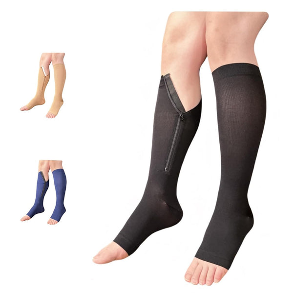 Ziperior 8-15 mmHg Compression Grade 0 Calf Inside Leg Zipper Open Toe Socks
