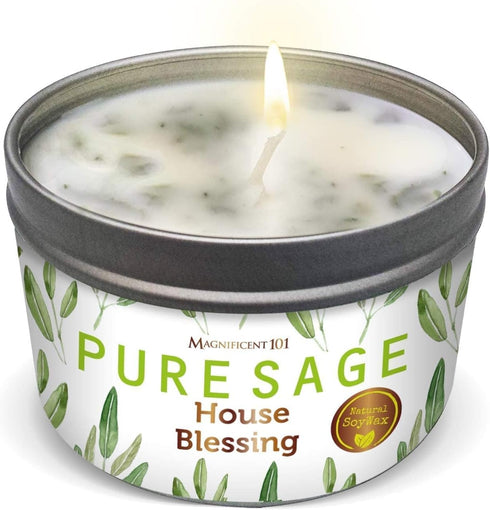 Magnificent 101 Long Lasting Pure White Sage Smudge Candle - 6 Oz - 35 Hour Burn Time | Smoke Free Candle to Cleanse