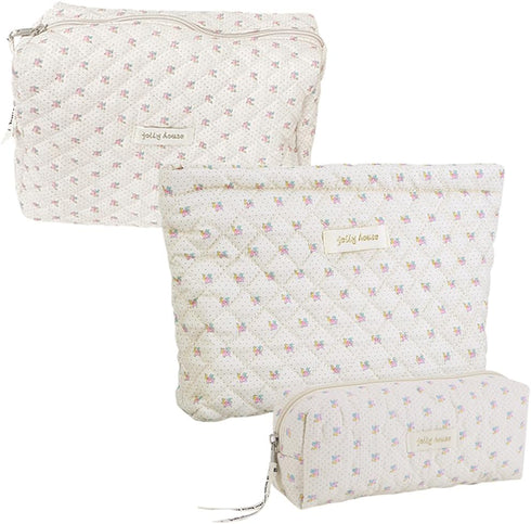 Juoxeepy Floral Quilted Makeup Bag, Aesthetic Cotton Cosmetic Pouch for Toiletries