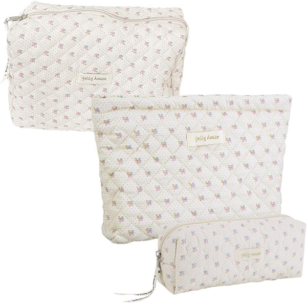 Juoxeepy Floral Quilted Makeup Bag, Aesthetic Cotton Cosmetic Pouch for Toiletries