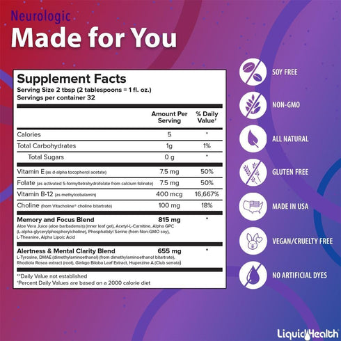 LIQUIDHEALTH 32 Oz Liquid Neurologic Focus Supplement, Nootropic for Cognitive Function and Memory Booster