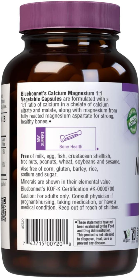 BlueBonnet Calcium Magnesium 1:1 Ratio Vegetarian Capsules, 180 Count, White