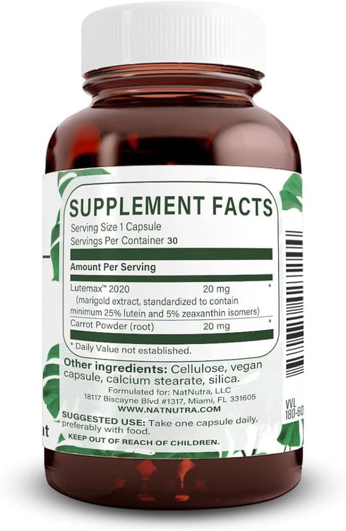Natural Nutra Lutein and Zeaxanthin Supplement - 30 Capsules for Eye Health, Gluten Free, 20mg
