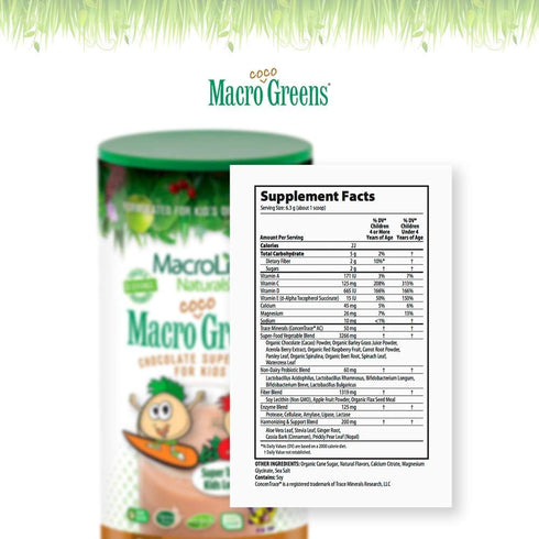 MacroLife Naturals MacroCoco Greens Chocolate Superfood Powder for Kids, 7oz (32 Servings)