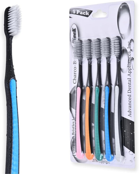 ADA Activated Charcoal Toothbrush 5 Pack, Extra Soft Ultrafine Bamboo Bristles, Natural Whitening, Multicolor