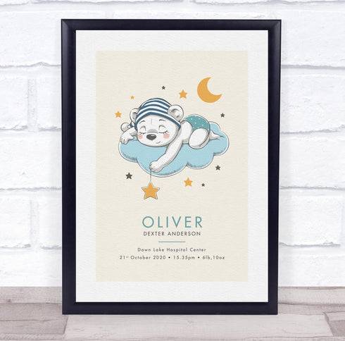 The Card Zoo New Baby Birth Details Christening Nursery Bear Cloud Yellow Keepsake Gift Print