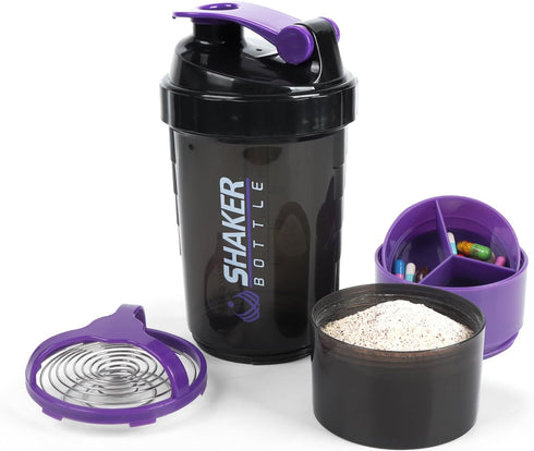 Shaker Bottle, 500ML Protein Shaker Cup with Storage Compartments for Smooth Mixing (Purple & Black)