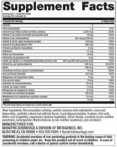 Bariatric Advantage Chewable High ADEK with Iron - High Potency Vitamin A, D, E & K, Tropical Fruit, 60 Tablets