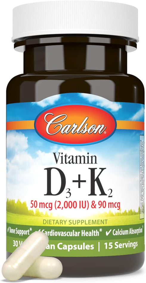 Carlson - Vitamin D3 + K2, 50 mcg (2000 IU) Vitamin D3 & 90 mcg Vitamin K2 as MK7, 30 Capsules, Bone Support