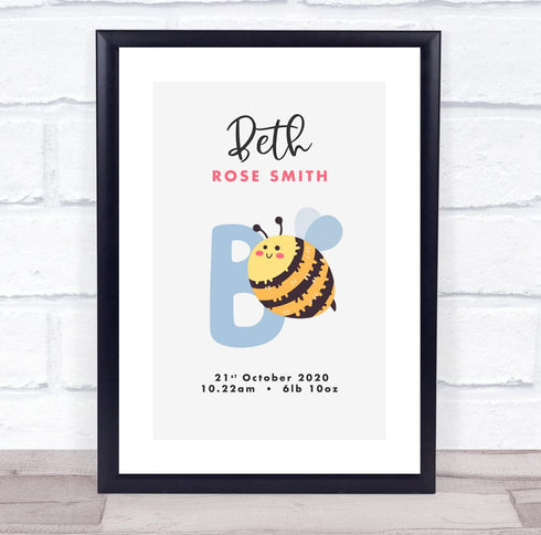 The Card Zoo New Baby Birth Details Christening Nursery Initial B Bee Keepsake Gift Print