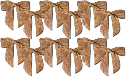 Pre-Tied Natural Jute Burlap Bows, 3" Wide, Set of 12, Wired Craft Ribbon for Weddings and Parties