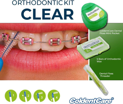 Orthodontic Kit Clear: Oral Care Set with Toothbrush, Protector Cap, Floss, Wax, and Interdental Brushes with Case