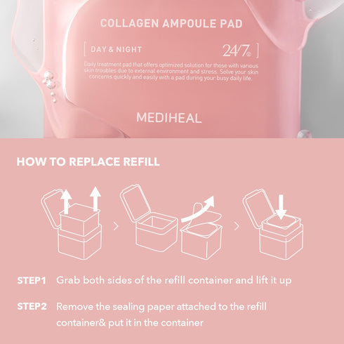 Mediheal Collagen Ampoule Pad Refill (100 Pads) - Vegan Eco Silk Cotton Facial Toner Pads for Skin Firming