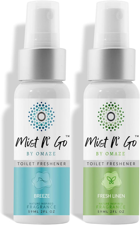 Mist N’ Go by Omaze Travel Bathroom Spray, 2oz x2, Odor Eliminator Toilet Spray for Bathroom Deodorizer
