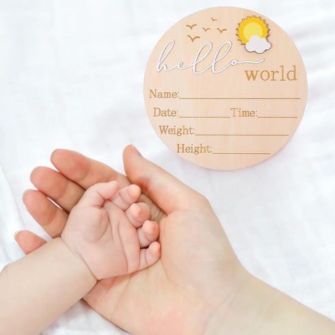 TIESOME 5.9'' Wooden Baby Announcement Sign, Hello World Newborn Announcement Sign, Lovely Babies Name Plaques Birth