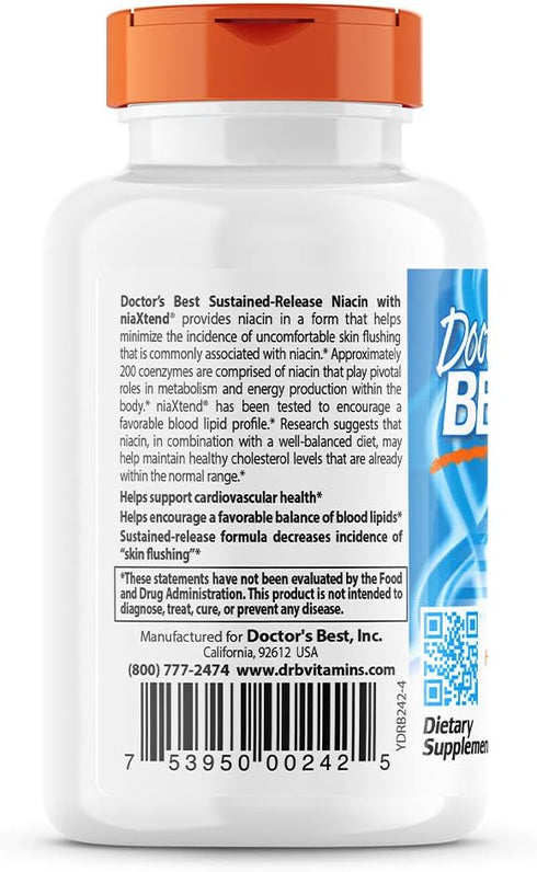 Doctor's Best TimeRelease Niacin 500 mg Tablets, Niaxtend NonGMO Vegan Gluten Free, 120 Count