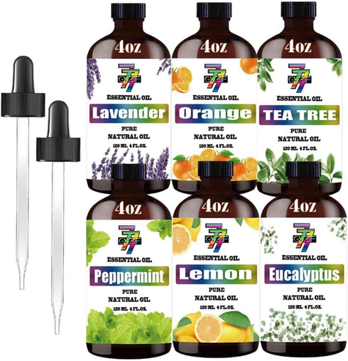 Set (4 oz/120 ml) Essential Oil - Six Bottles of Lavender, Peppermint, Lemon, Sweet Orange, Tea Tree, Eucalyptus