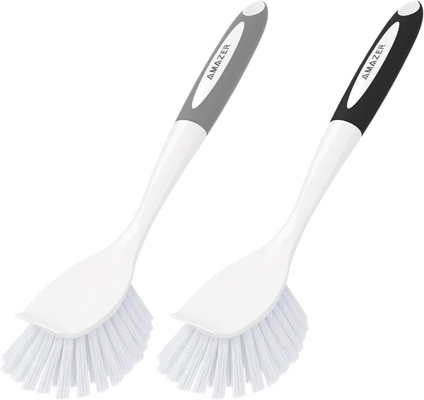 Amazer Dish Brush, 2 Pack Kitchen Dish Scrubber with Handle, Stiff Bristles for Cleaning Sink, Pots, Pans (Black+Grey)