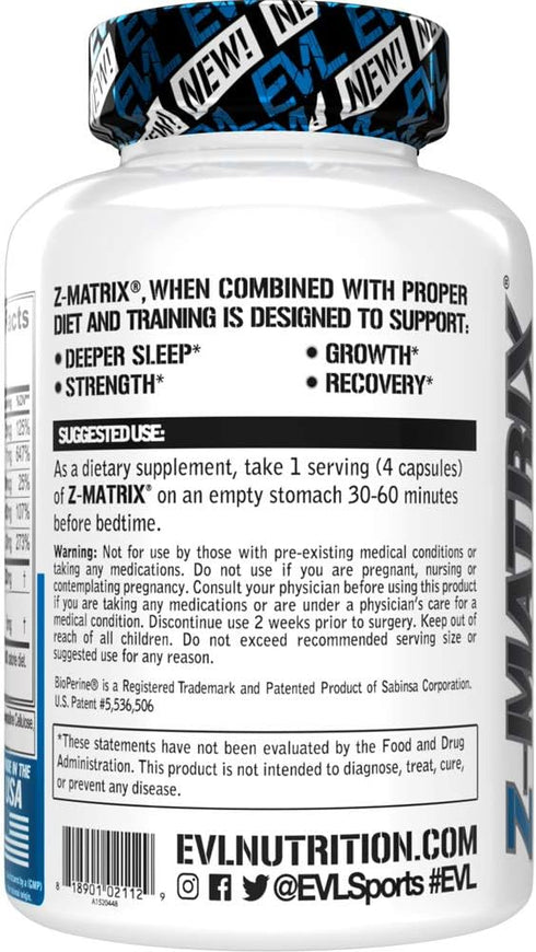 ZMatrix Zinc Magnesium Aspartate Post Workout Supplement, Magnesium and Zinc for Muscle Recovery, Sleep Support, EVL