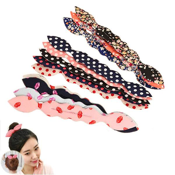 LOVEF 6Pcs Women's Korean Magic Cute Rabbit Bunny Ear Sponge Hair Styling Tools, Polka Dot Bow Bun Maker