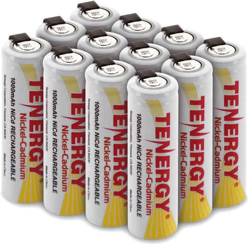 Tenergy 1.2V AA NiCD Rechargeable Battery - 1000mAh, 12 Pack, Flat Top with Tabs
